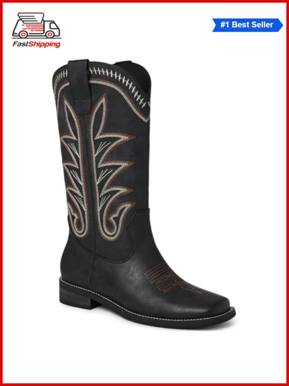 ✨ Western Cowboy Boots Women Square Toe Mid Calf Chunky Heel Embroidery